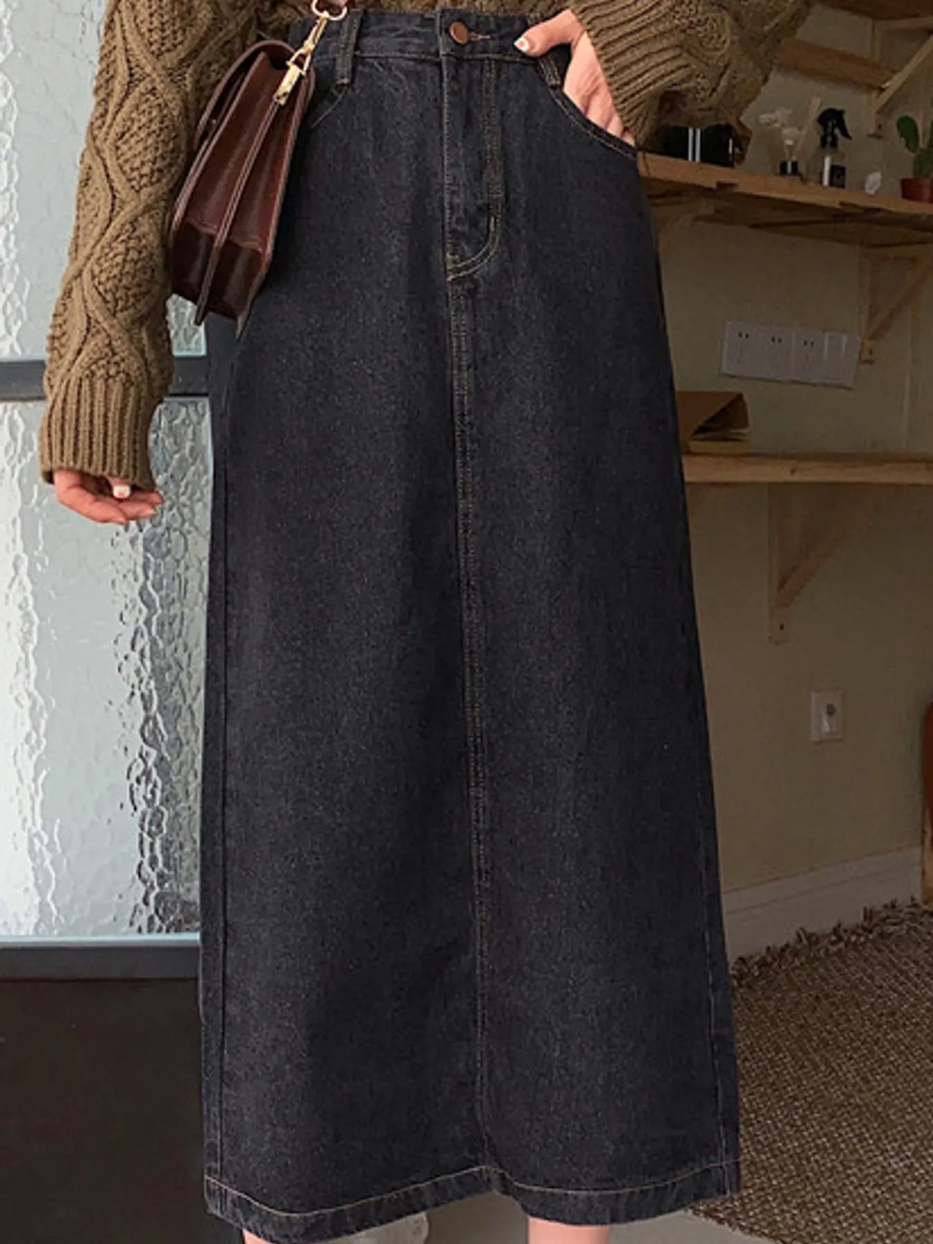 Full Size High-Waisted Vintage Wash Midi Denim Skirt Plus Size